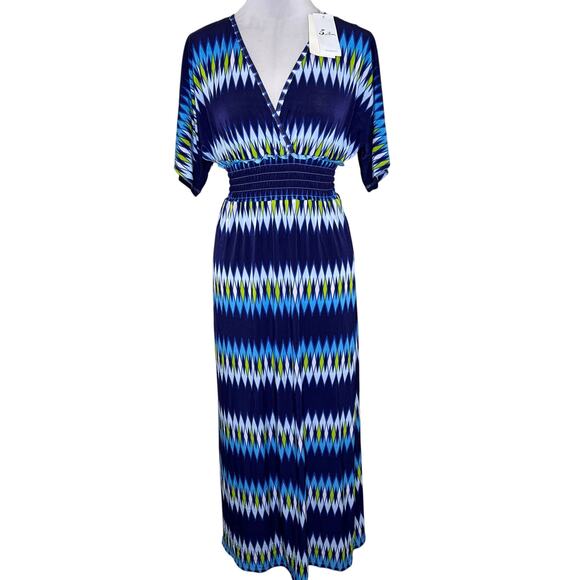 5th & Love Dresses & Skirts - 5th & Love Maxi Dress MEDIUM Blue Dolman Keyhole Jersey V-Neck Smocked Ruffle